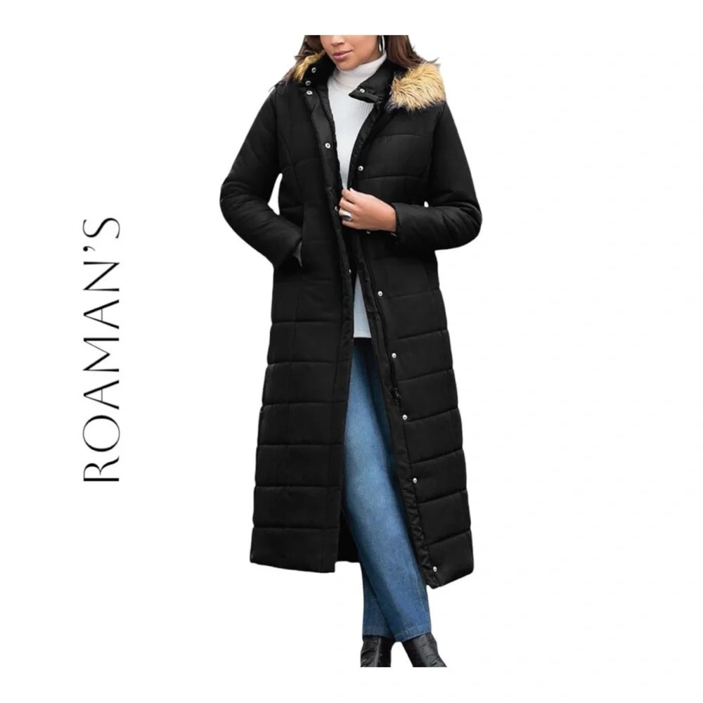 ROAMAN’S MAXI LENGTH QUILTED PUFFER BLACK IN COLOR WITH‎ FAUX FUR TRIM ON HOOD